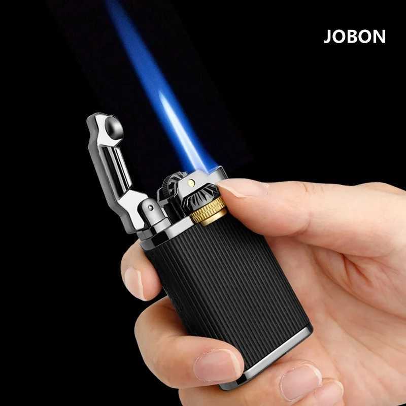Vintage Mechanical Leather Butane Gas Lighter Metal Blue Flame Torch Spray Lighter Outdoor Windproof Portable Cigar Lighter Y250222