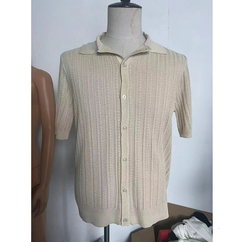 Summer Short Sleeve Mens Polo Shirts Fashion Solid Striped Loose Cardigan Turn Down Collar Shirt Male Casual Knitted Polos Top 250222