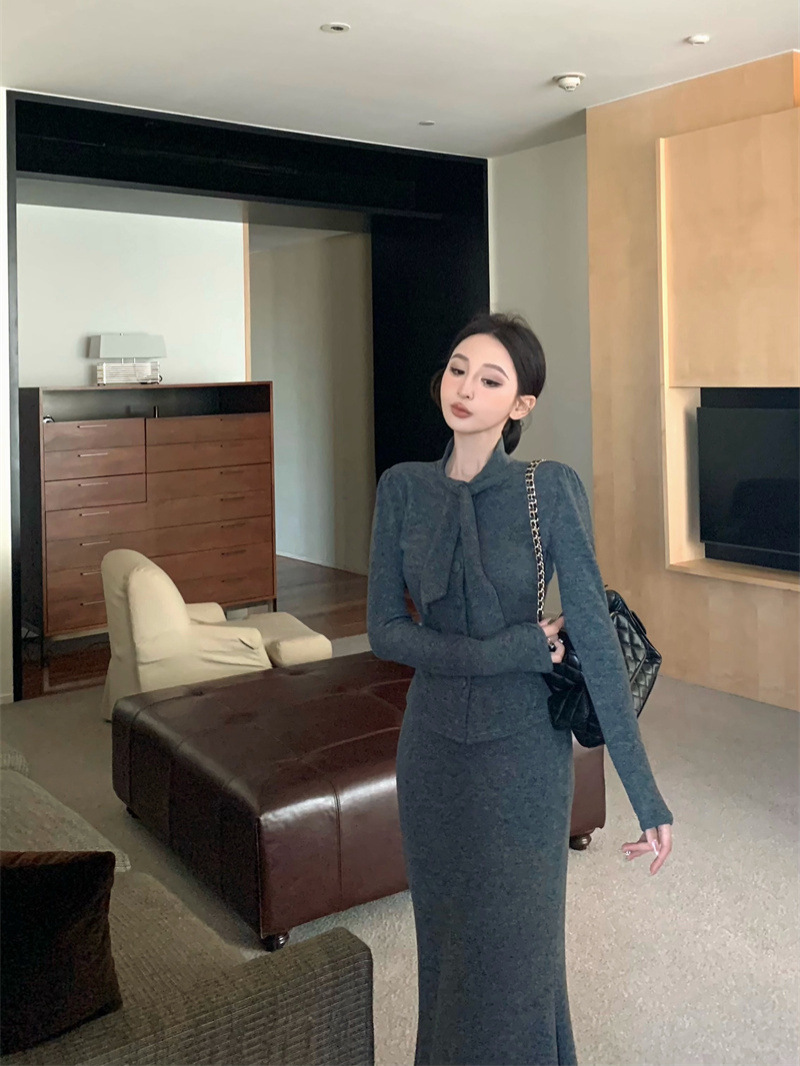 F23180 women's clothing high-end spring clothing temperament lady style design sense lace long-sleeved top skirt fishtail long skirt