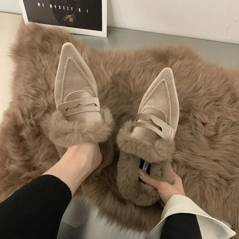 Women Velvet Mules Pointy Toe Slipon Fur Sandals Ladies n Outdoor Furry Slides Evening Party Heeled Shoes 250218