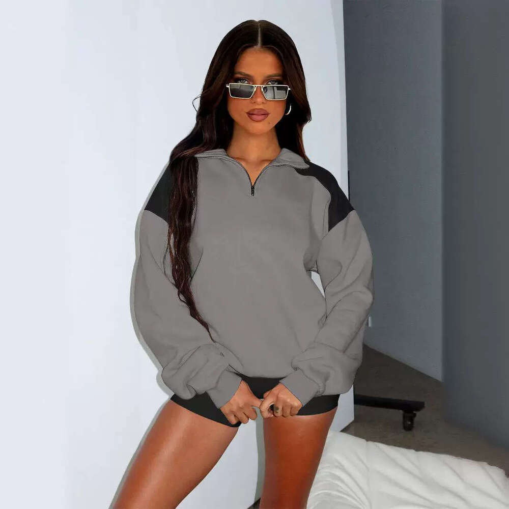 Women's American hoodie, women's spring fashion trendy polo shirt, contrasting color zipper baseball jacket