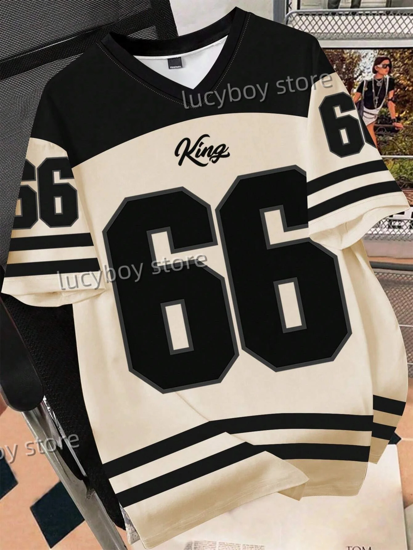 Mens Number 66 Letter KING Print T-Shirt Man Short Sleeve Sportwear Football T-Shirt Vintage Oversize Striped Tees Men Clothes 250222