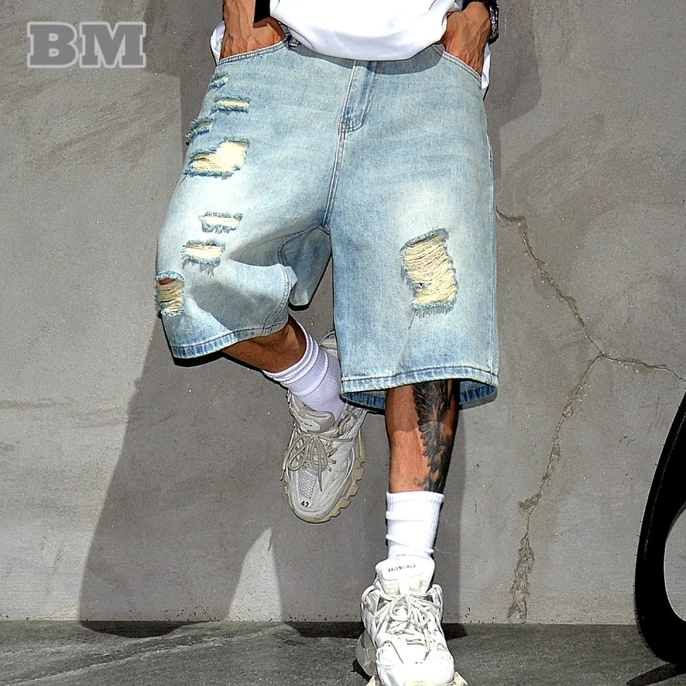 Summer High Quality Vintage Ripped Denim Shorts MenS Clothing Hip Hop Jorts Streetwear Blue Shorts Korean Fashion Baggy Jeans 250222