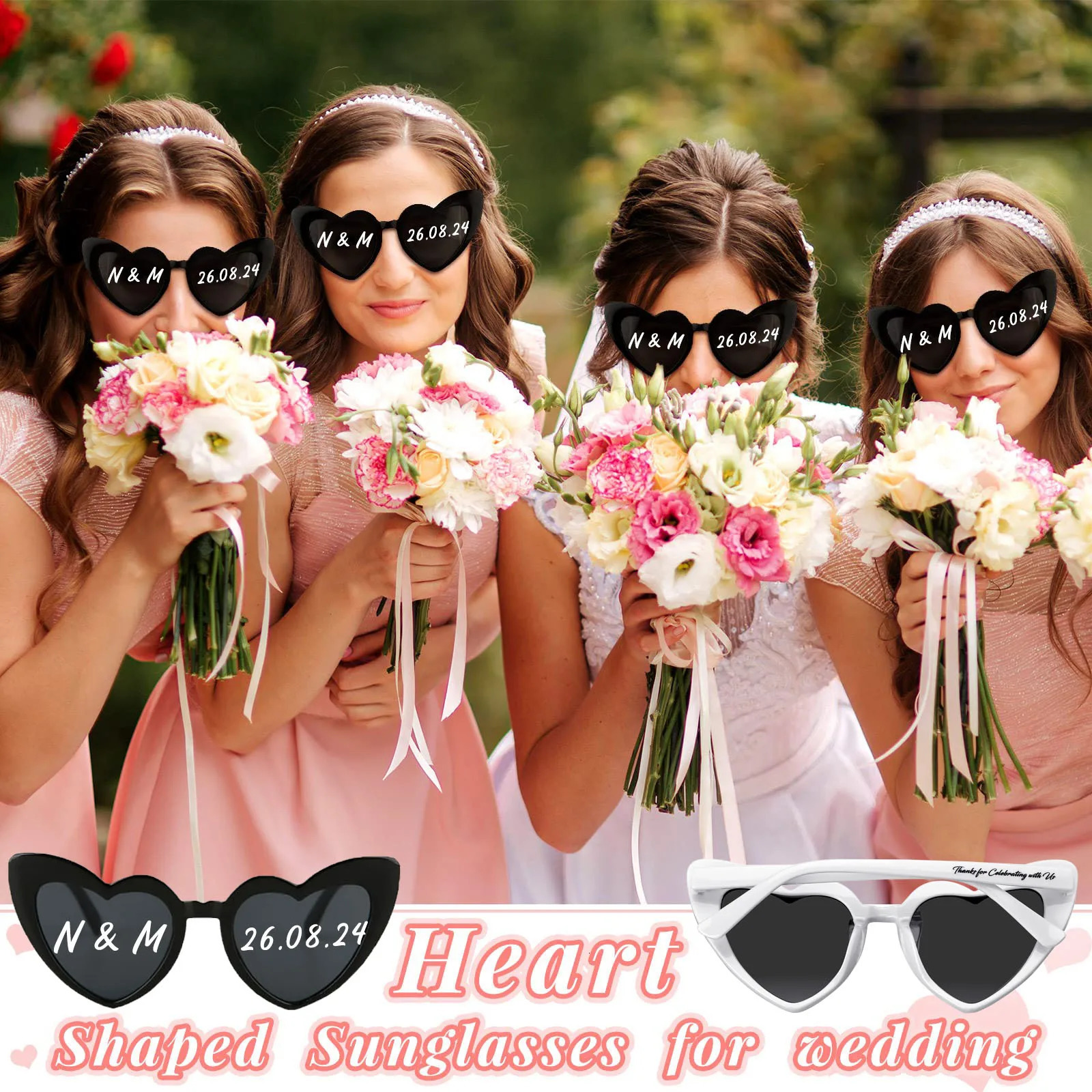 24-120Pcs Custom Heart Sunglasses Personalised Wedding Sunglasses Bridal Party Favors for Guest Wedding Date Initials Custom 250222