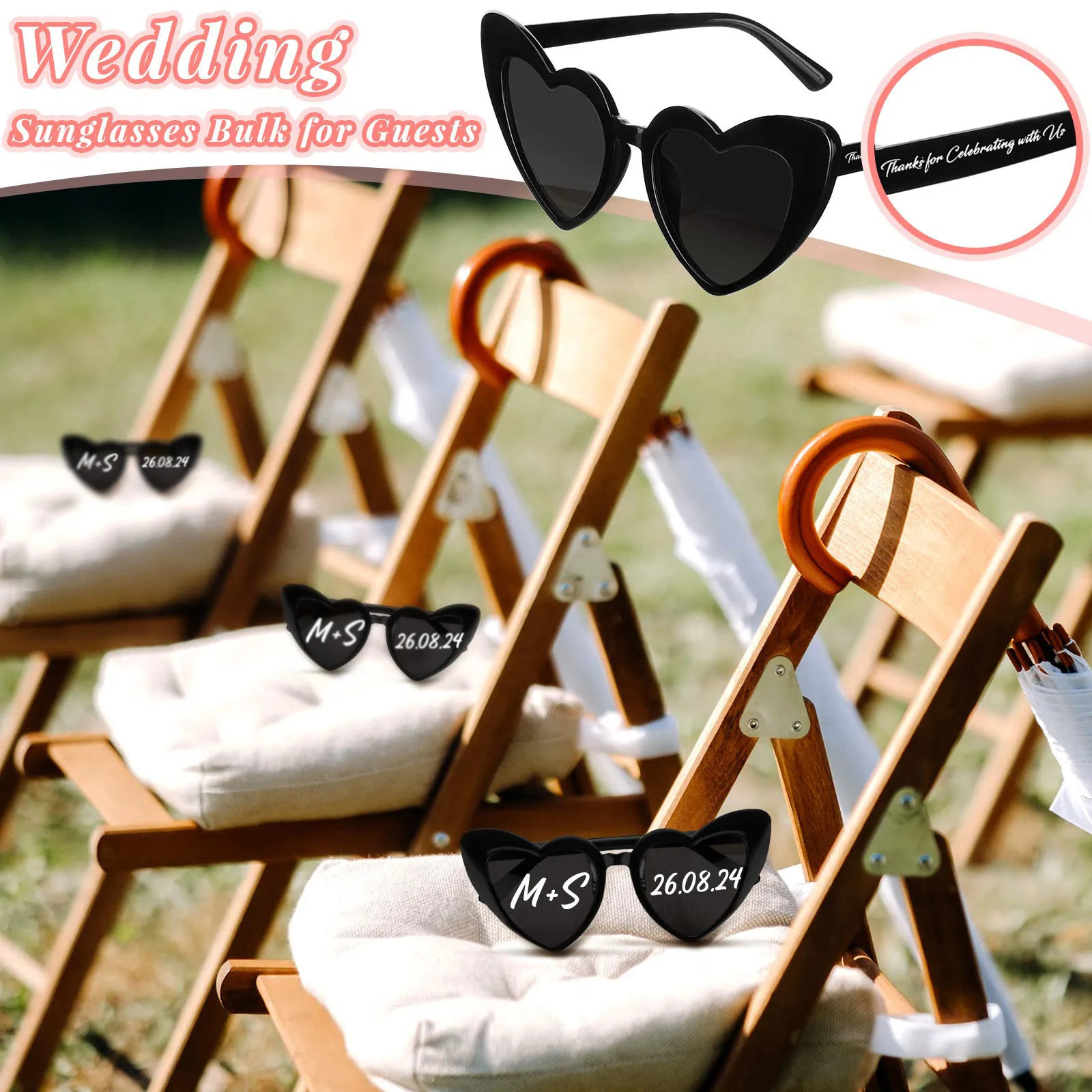 24-120Pcs Custom Heart Sunglasses Personalised Wedding Sunglasses Bridal Party Favors for Guest Wedding Date Initials Custom 250222