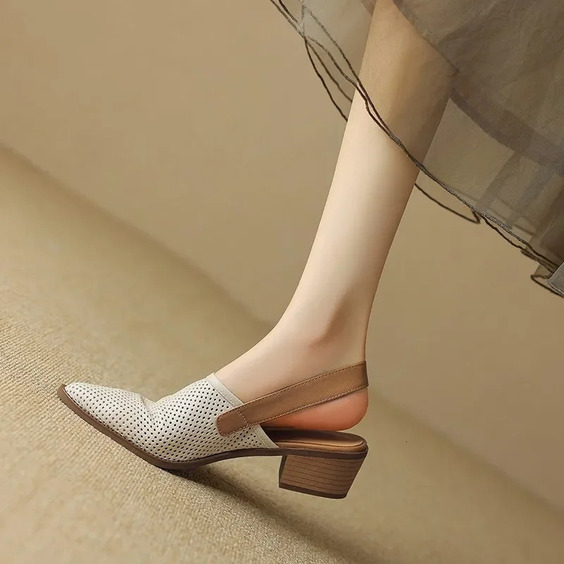 Knitted Mesh Breathable Hollow Out Sandals Women Fashion Pointed Thick Heel Sandals Shoes for Women Sandalias2024 250218