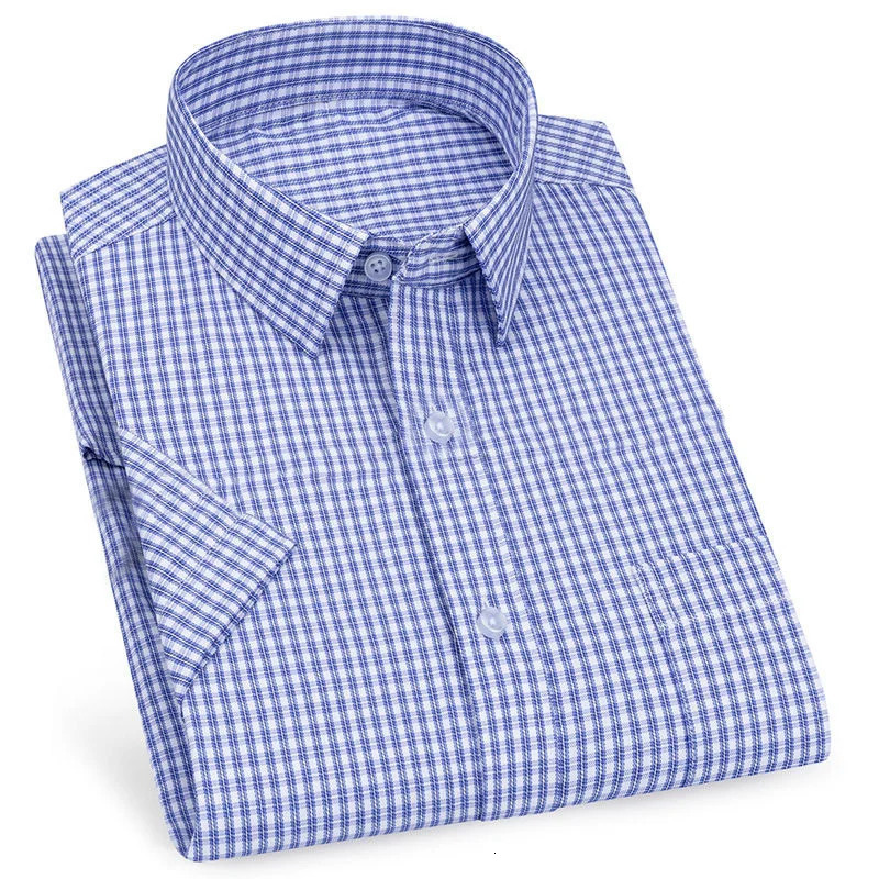 Mens Business Casual Short Sleeve Shirt Classic Plaid Striped Checked Male Social Dress Shirts Purple Blue 5XL Plus Large Size 250222
