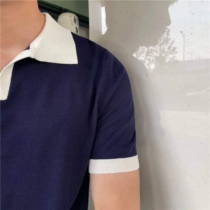 Summer Lapel Breathable Short Sleeve Temperament Mens Clothing Slim Korean Version Solid Color Trend Knitted POLO Shirt 250222
