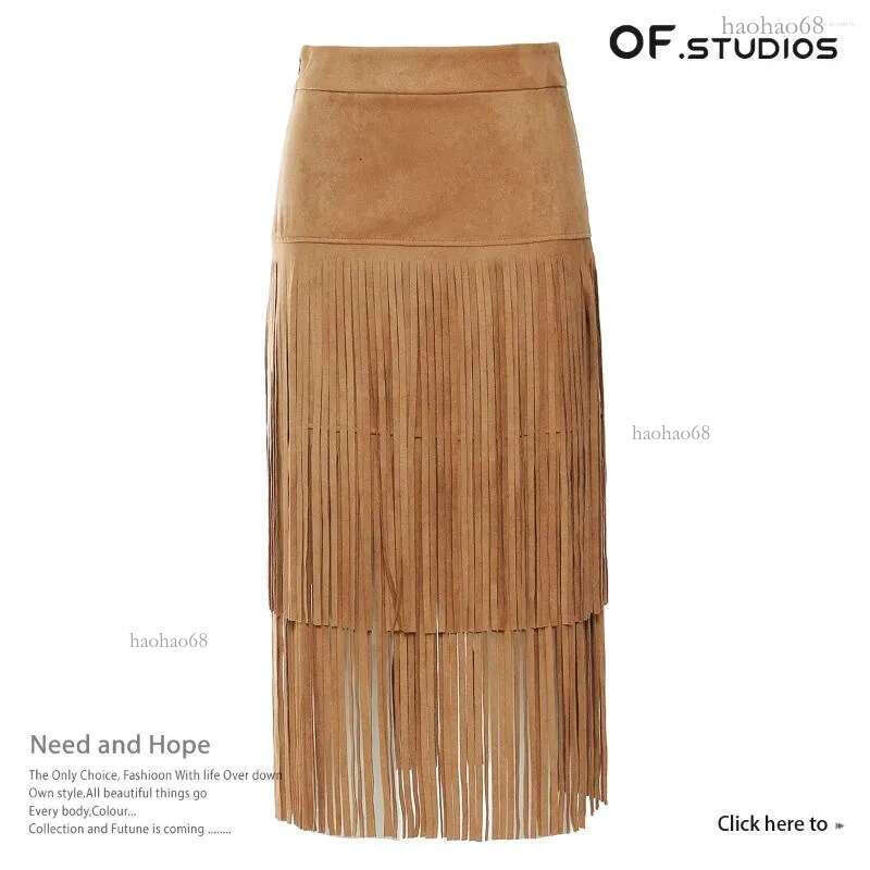 Skirts OF.STUDIOS 2024 Cowboy Style Fashion High Quality Casual Fringe Midi Skirt Women Summer