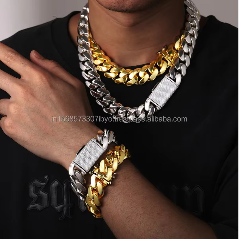 Elevate Your Class by Wearing This Gold Plated Miami Cuban Chain Bracelet Set Gift Pack Jewelry for Him and Her Sier