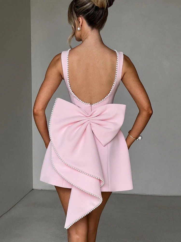 Mozision Pearl Bow Backless Sexy Mini Dress For Women Dress Fashion Zipper Sleeveless High Waist A-line Club Party Dress Elegant 250222