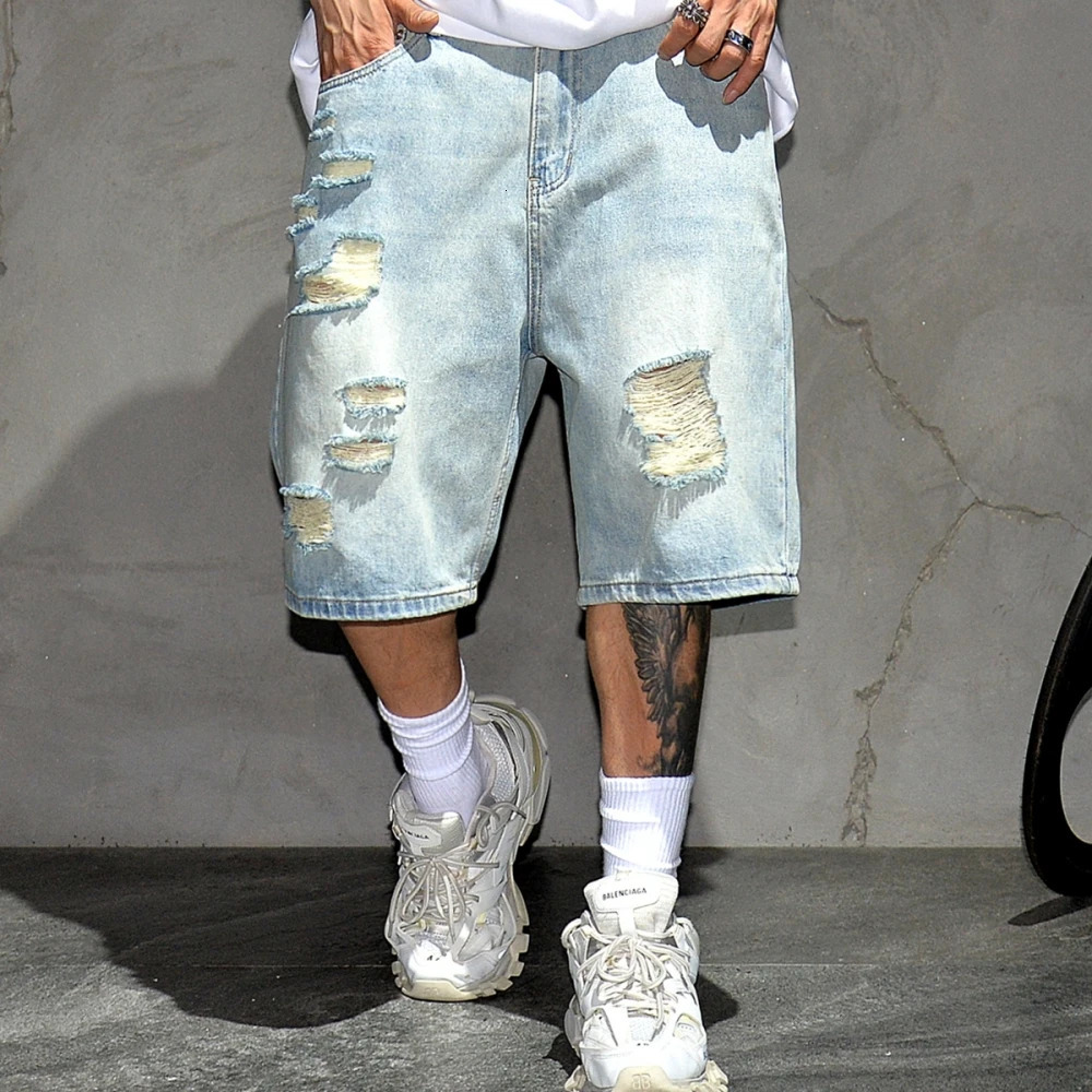 Summer High Quality Vintage Ripped Denim Shorts MenS Clothing Hip Hop Jorts Streetwear Blue Shorts Korean Fashion Baggy Jeans 250222