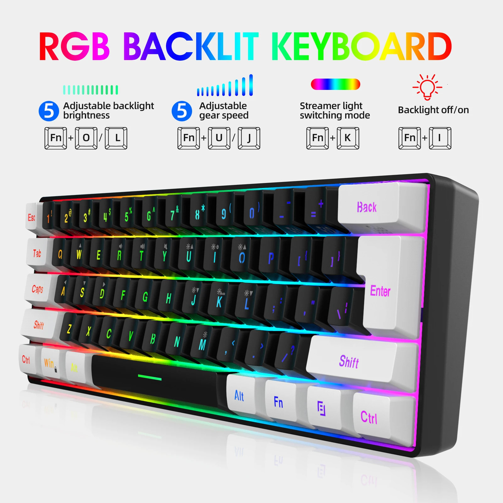 HXSJ V700BW A869 USB keyboard and mouse kit 61 key wired RGB backlit computer color LED lighting 3200DPI gaming 250213