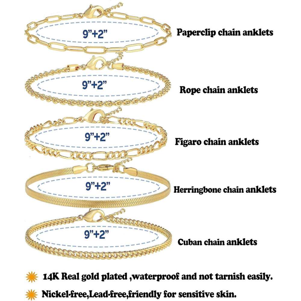 14K Gold/Sterg Sier Plated Anklet Bracelets Women Waterproof Plus Size Cuban k Chain Bracelet for Large Ankle 9-12inch