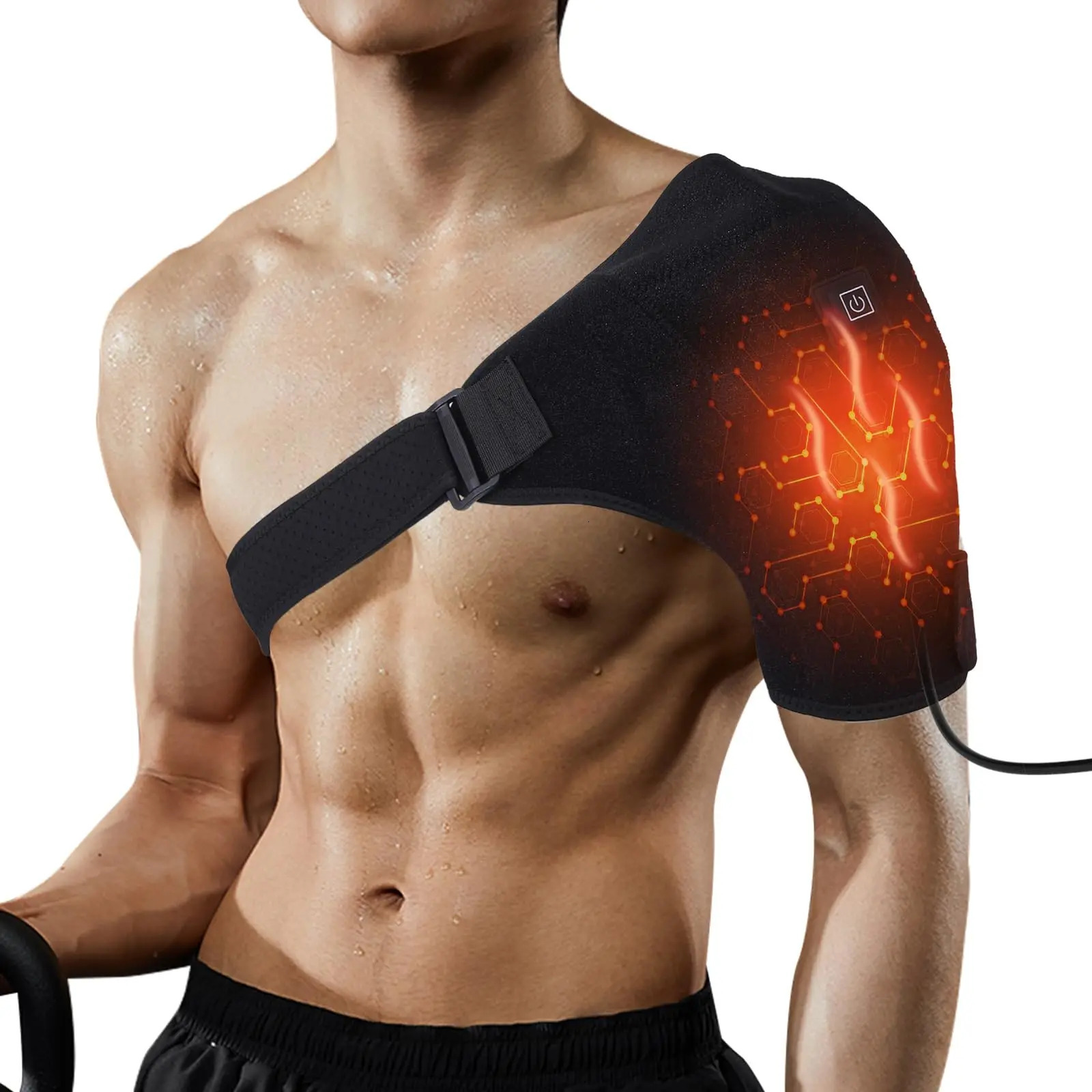 Heated shoulder wrap bracket with adjustable shoulder heating pad and extension strap to relieve frozen shoulder pain 250222