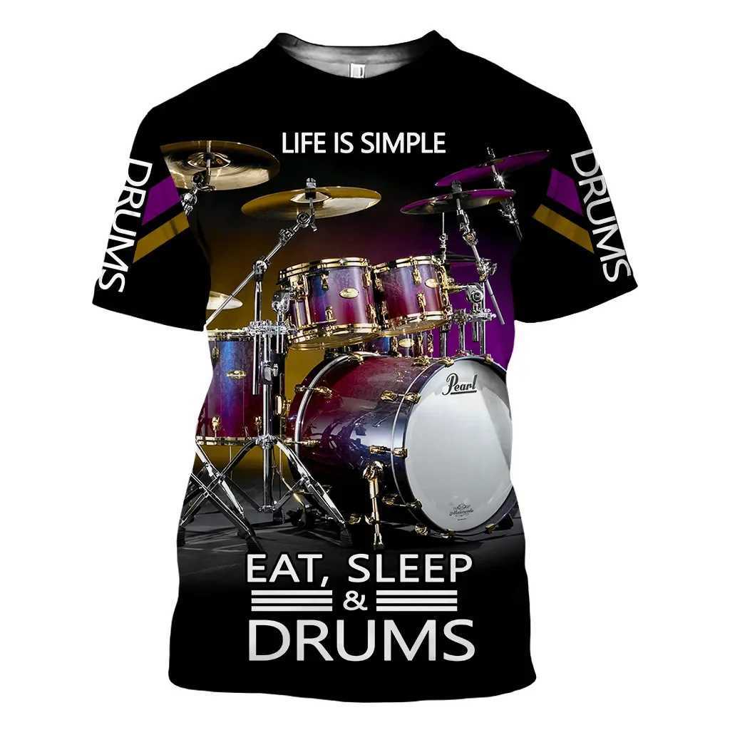Classic Instrument Drumbeat 3D Printed Pattern Summer Mens T-shirt Oversized Casual Short Sleeve Shirt Trend Fashion Music Top W250224