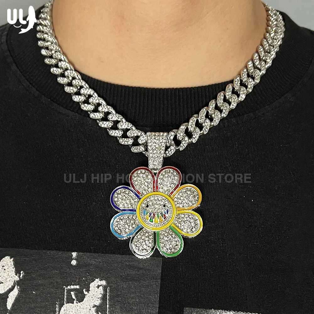 J Hip Hop Men Wen 12mm Cuban Link d Out Chain With Suower Bling Pendant Neccklace Jewelry X250224