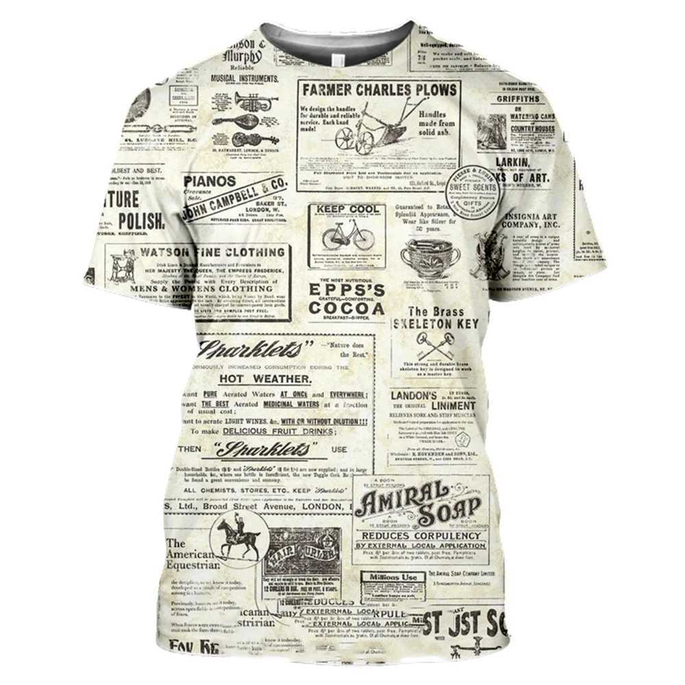 Classic retro old newspaper 3D printed mens T-shirt casual fashion hip-hop funny loose short sleeved street trend top W250224
