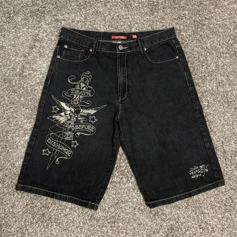 Y2K American Shorts Hip Hop Letter Pattern Printed Loose Black Denim Fitness Shorts Men Women Retro Street Harajuku Shorts 250222