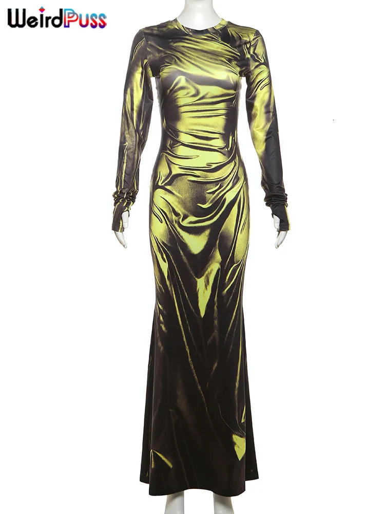 Weird Puss Sexy Light Print Dress Women Fashion Fall Simple oNeck Long Sleeve Street Skinny Stretch Maxi Bodycon 250222