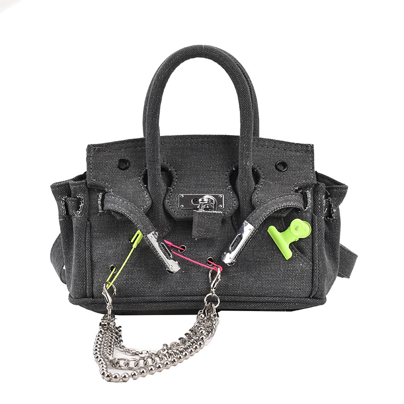 Customizable Old-Fashioned Denim Shoulder Bag with Silver Pin Buckles - Perfect for Spring & Summer