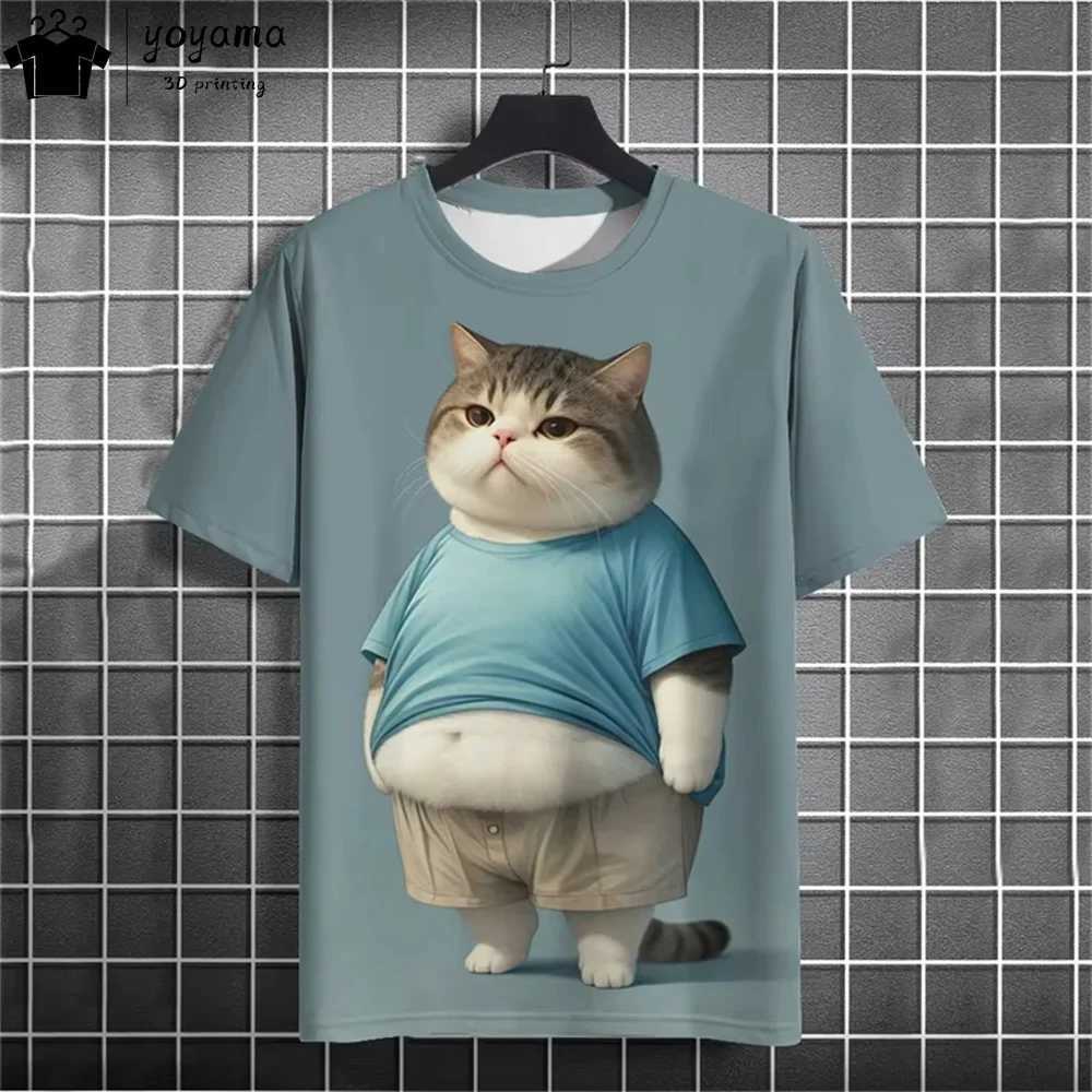 Funny Fat Cat Graphic T shirts Street Fashion Short Sleeve Tee Animal Print T shirt Men Casual Oversiezd T-shirt Mens Clothing W250224