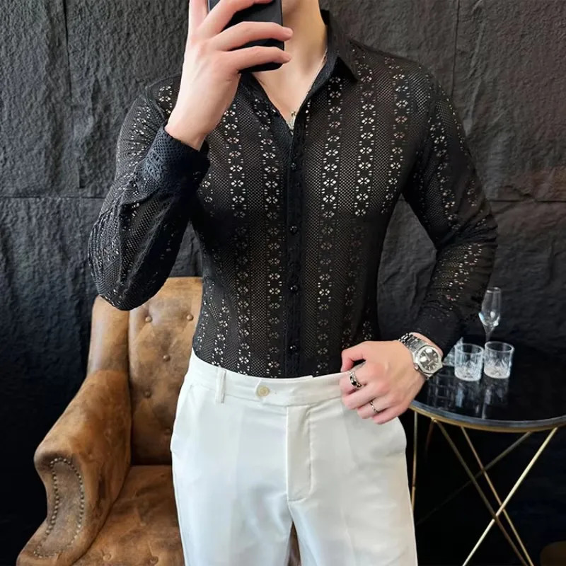 Sexy Hollow Out Shirt Men Fashion Long Sleeve Shirts Nightclub Stage Performance Costumes Casual Social Tuxedo Streetwear Blouse 250222