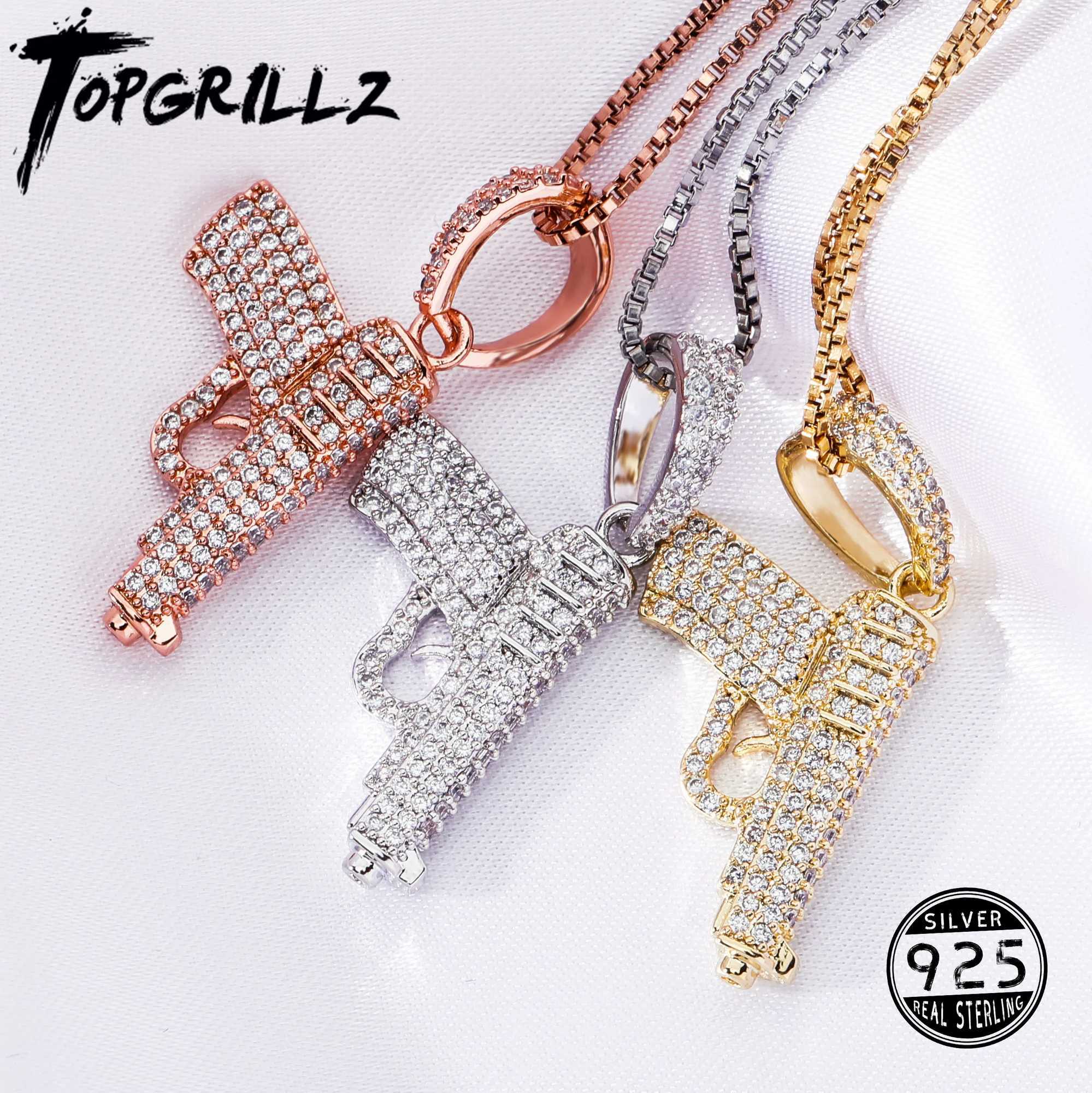 TOPGRILLZ Hip Hop Ring Pendant 925 Pure Silver Flash Pistol Pendant D Zircon Necklace Fashion Charm X250224