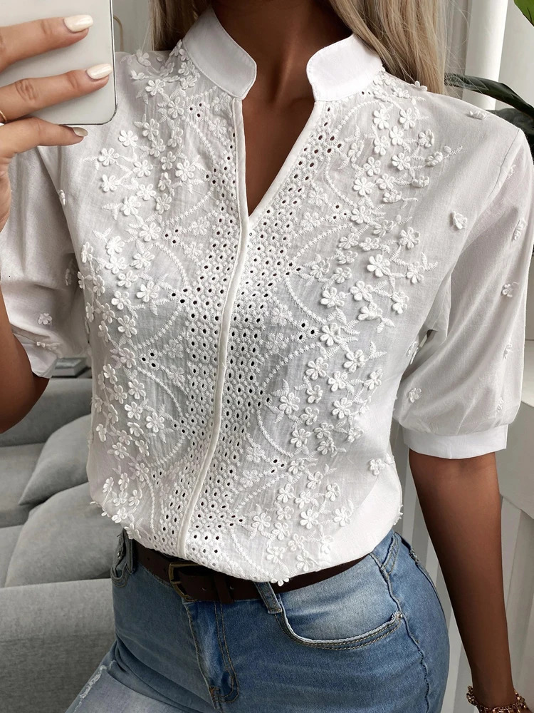 Summer Floral Embroidery Lace Blouse Fashion Women V Neck Casual Shirt Chic Short Sleeve Hollow Out Tops Elegant Blusas 24350 250224