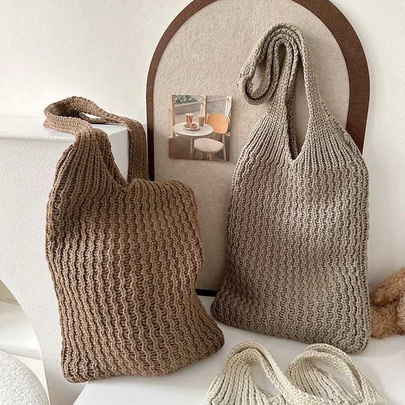 Vintage Cotton Cloth Girls Tote Shopper Bag Wool Large Knit Bag Shoulder Shopping Bag for Women Large Female Handbag Crochet Bag