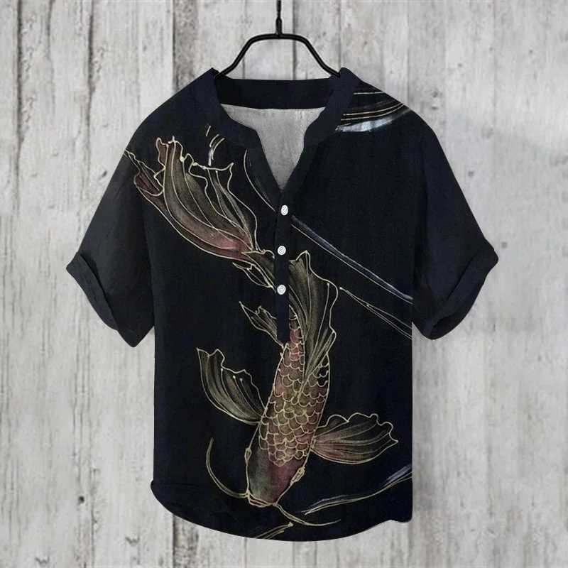 Mens short sleeved shirt retro high-quality linen fabric Chinese style trendy mens outfit button up top V-neckT250224