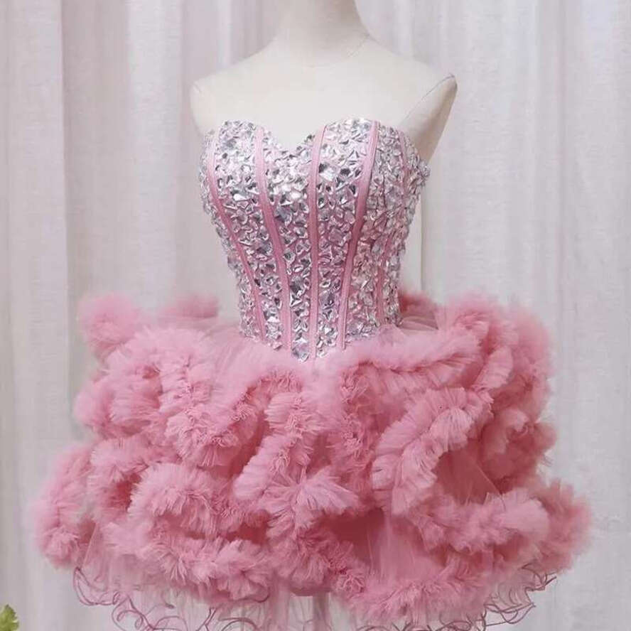 Short Elegant Pink Prom Pageant Dress Sweetheart Crystal Beading Ruffles Tulle Evening Formal Party Gowns Birthday Wear Robe De Soiree