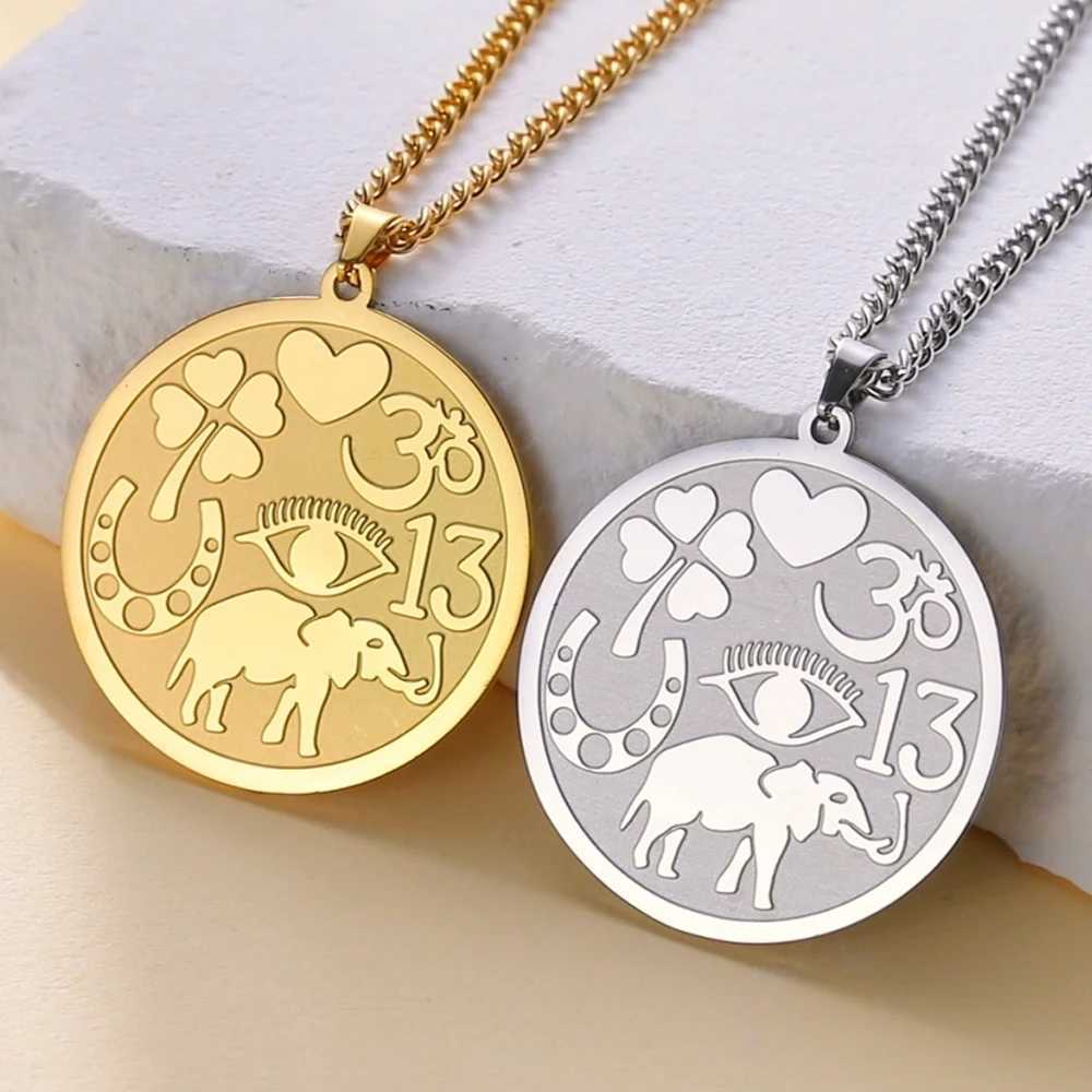 DAWAPara Good Luck Elephant Medallion Necklace Powerf Protection Amet Ohm Symbol Evil Eye Necklace StainlESS Steel X250224