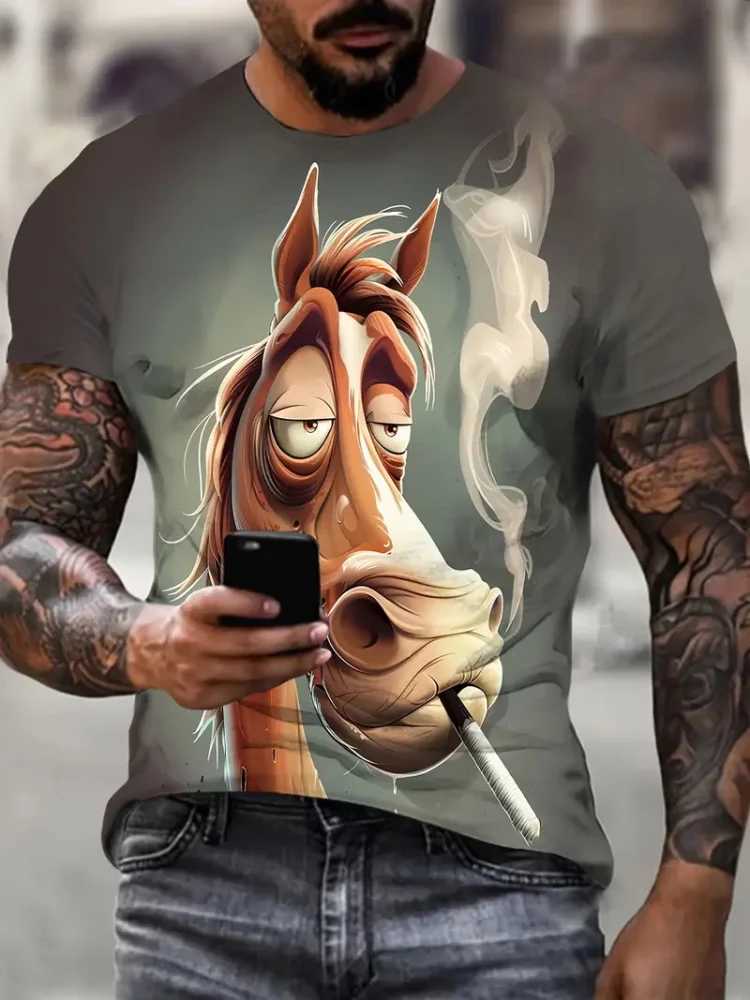 Interesting cartoon animal print mens fashionable short sleeved Harajuku street fashionable comfortable breathable mens T-shirt W250224