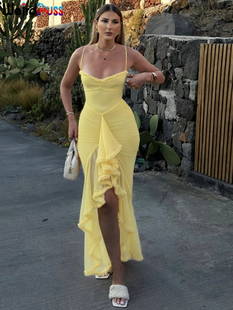 Weird Puss Ruffles Bandage Dress Women Sexy Backless Sleeveless Tassel LaceNeck See Through Slits Hem Prom Party Long Bodycon 250222