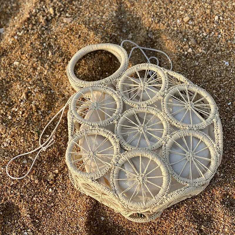 Yogodlns Summer Straw Bag For Women Round Hollow Beach Bag Casual Handmade Woven Handbag Seaside Vacation LadyHandle Bag Pouch