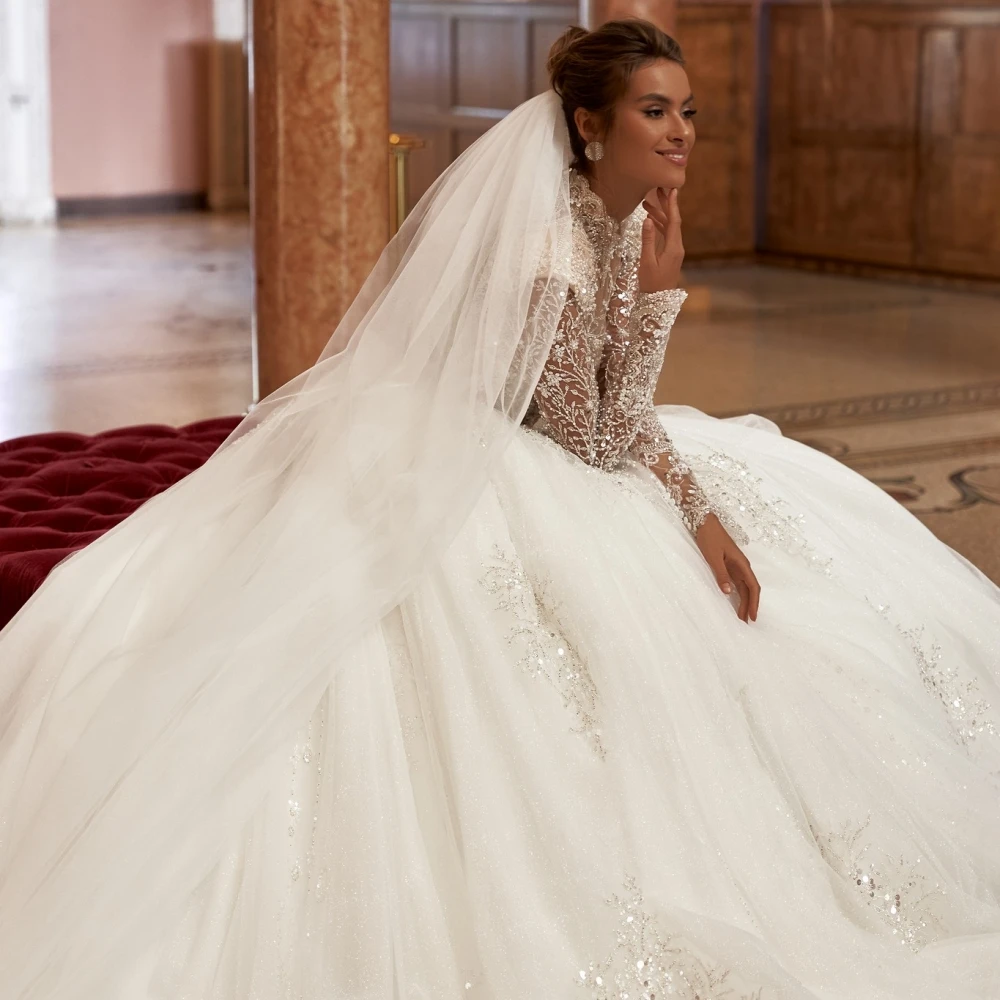 A e Women Wedding High Collar Long Sleeves Bridal Gowns Sequins Beaded Sweep Train Dress Custom Made vestidos de novia