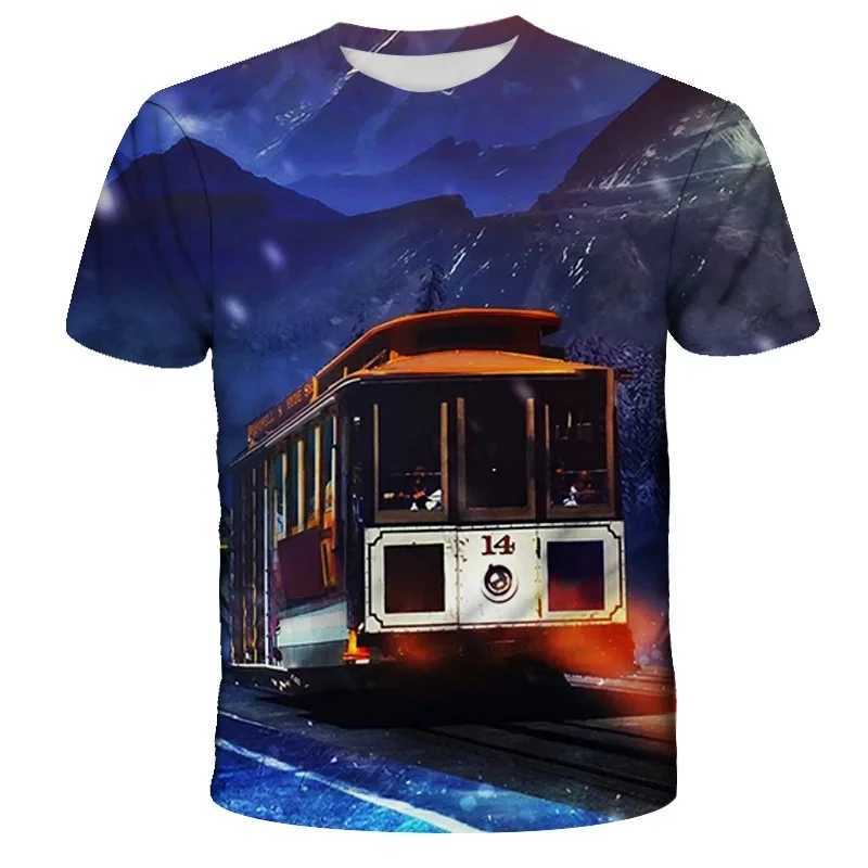 Fashion Trend Summer New Retro Train Engine Pattern Printed Mens T-shirt Street Fashion Cool Round Neck Plus Size Top W250224