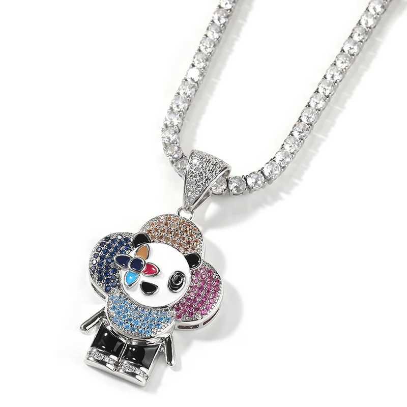 Hip Hop 5A+CZ Stone Paving Sparkling Suower Panda Clown Pendant Necklace Mens Rap Singer Jewelry Dropping Singing X250224