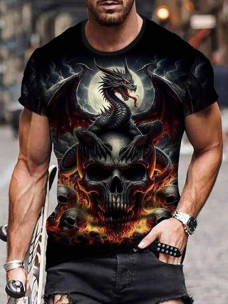 New Summer Daily Casual Mens Tops Street Fashion Dragon And Skull Printed Mens T-shirt Outdoor Sports Light Breathable Mens Tee W250224
