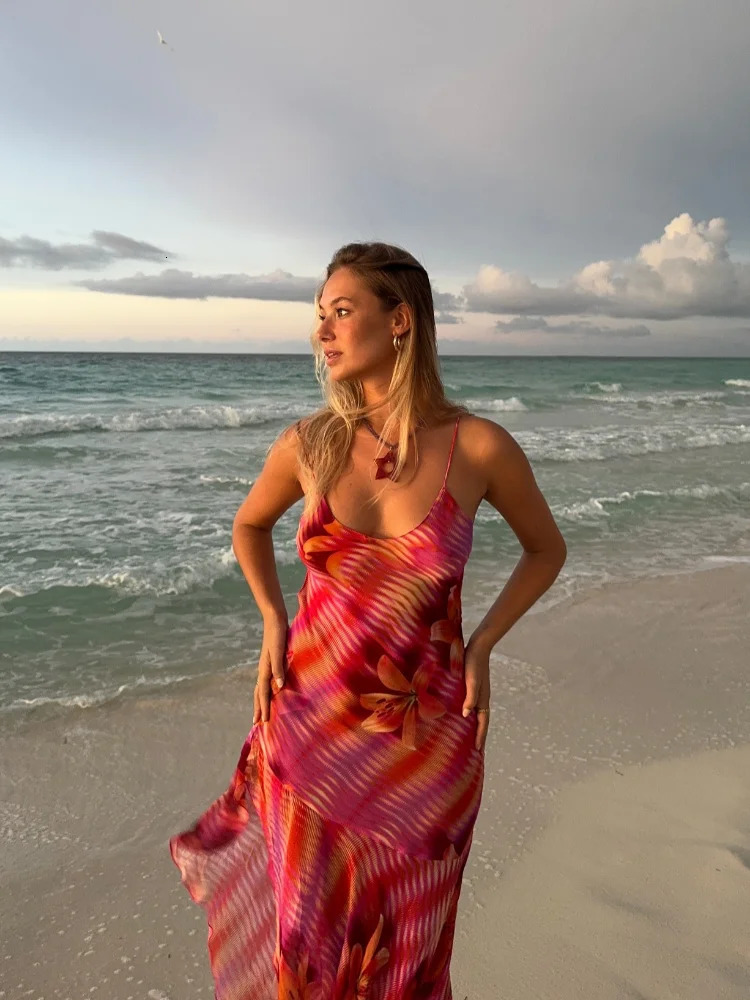 Summer Women Sexy Printed Flower V Neck Dress Fashion Sleeveless Backless Sling Midi Dresses Female Beach Vacation Robe 250222