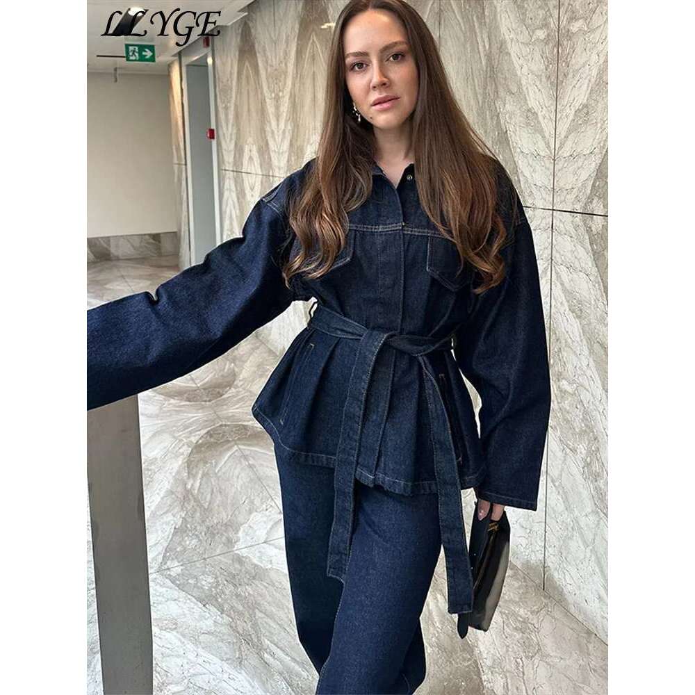 hoodie Designer Fashion Jacket Vintage Belt Denim Jacket Pants Set Women Lapel Single Breasted Jackets Pockets Straight Jeans Spring Lady Street Outfi