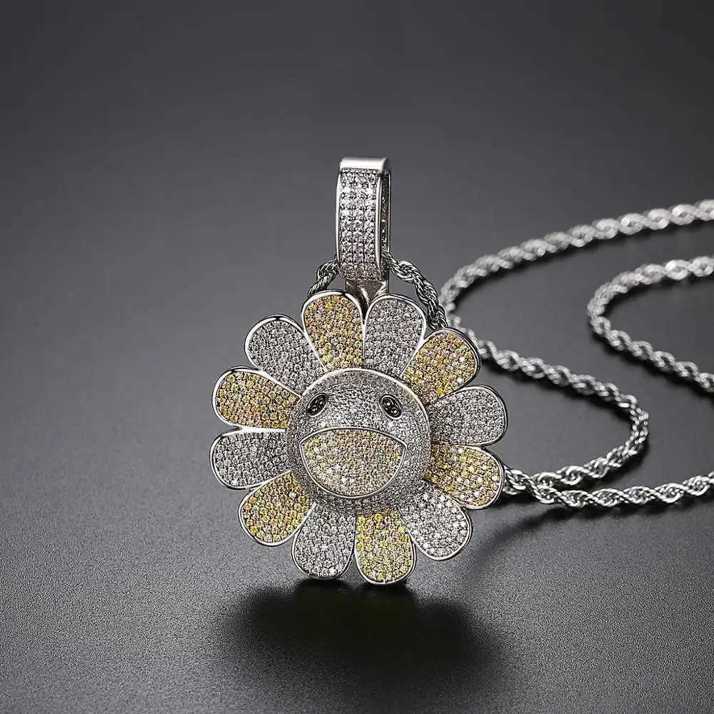 Golden Smile Chrysanthemum Cubic Zirconia Necklace Hip Hop Color CZ Pendant Mens Luxury Fashion High Quality Jewelry Gift X250224
