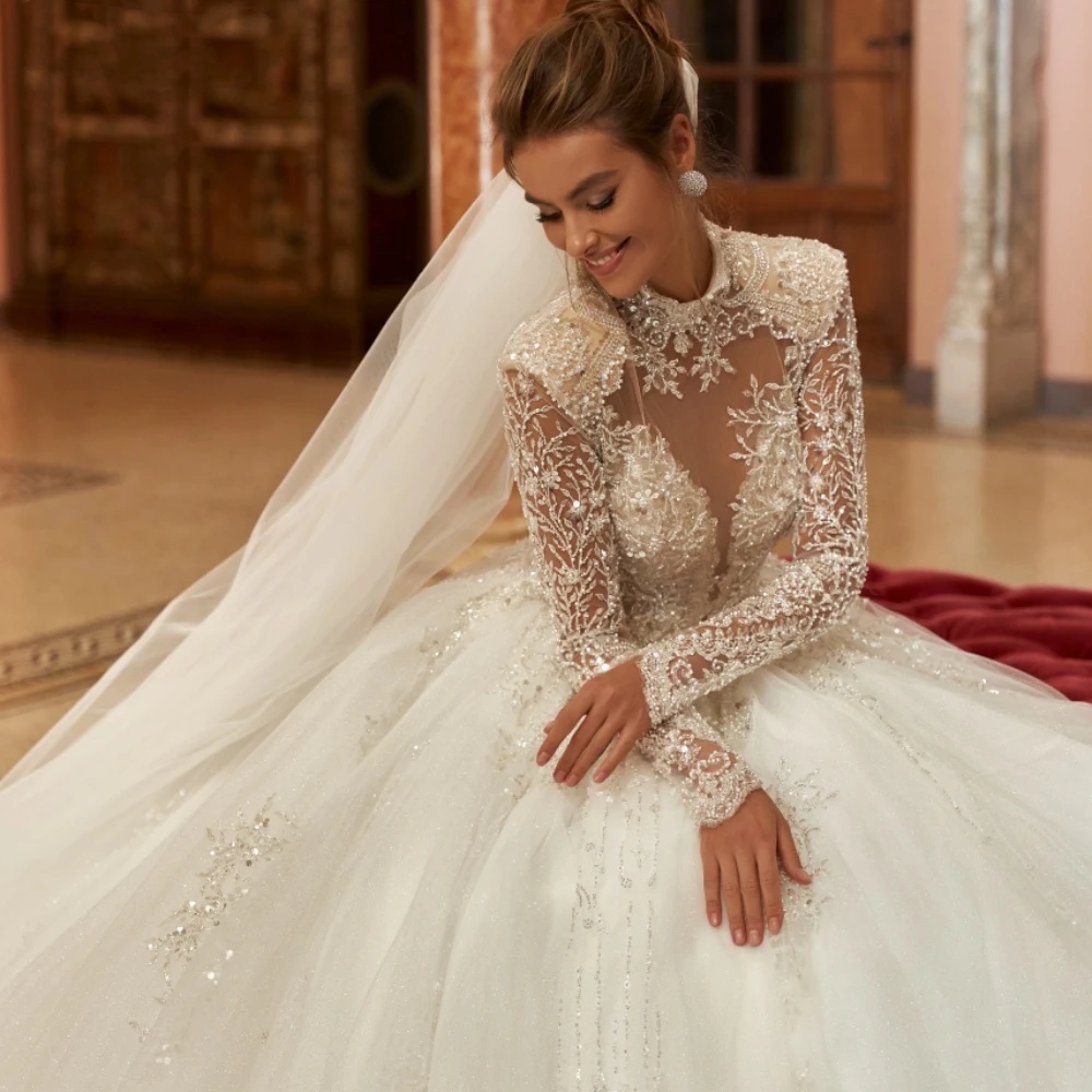 A e Women Wedding High Collar Long Sleeves Bridal Gowns Sequins Beaded Sweep Train Dress Custom Made vestidos de novia