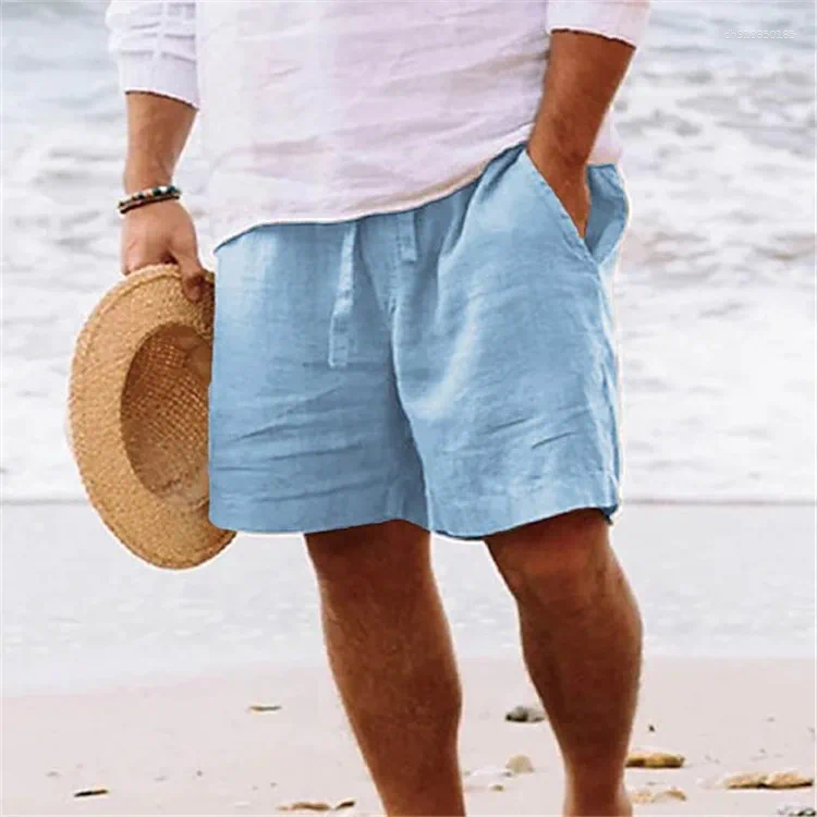Men's Shorts Cotton Linen Men Short Pants Summer Solid Drawstring Elastic Waist Pockets Male Casual Streetwear Beach