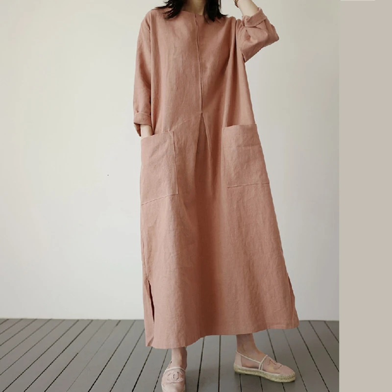 REALEFT Cotton and Linen Womens Loose Long Dresses Pockets High Waist ONeck Casual Straight Dress Female Summer 250222