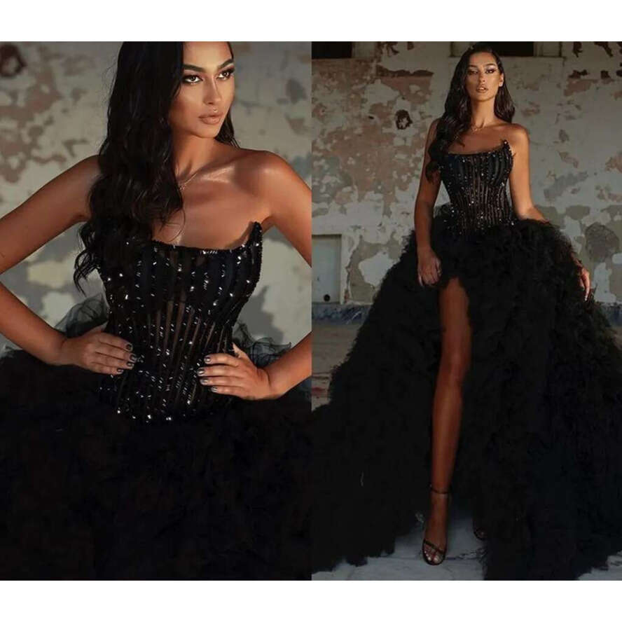 Black Fluffy Prom Dress Sleeveless High Split Tulle Ruffles Crystals Shiny Women Long Evening Formal Gowns Robe De Soiree Vestidos Feast
