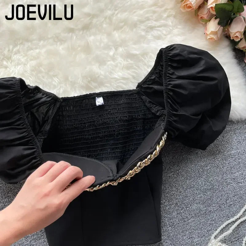 Belly Button Shirt Chic Chain Off Shoulder Expose Clavicle Tank Top Summer Puff Sleeve Crop Tops Women Elegant Sexy Slim Blouses 250222