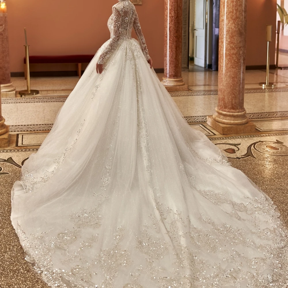 A e Women Wedding High Collar Long Sleeves Bridal Gowns Sequins Beaded Sweep Train Dress Custom Made vestidos de novia
