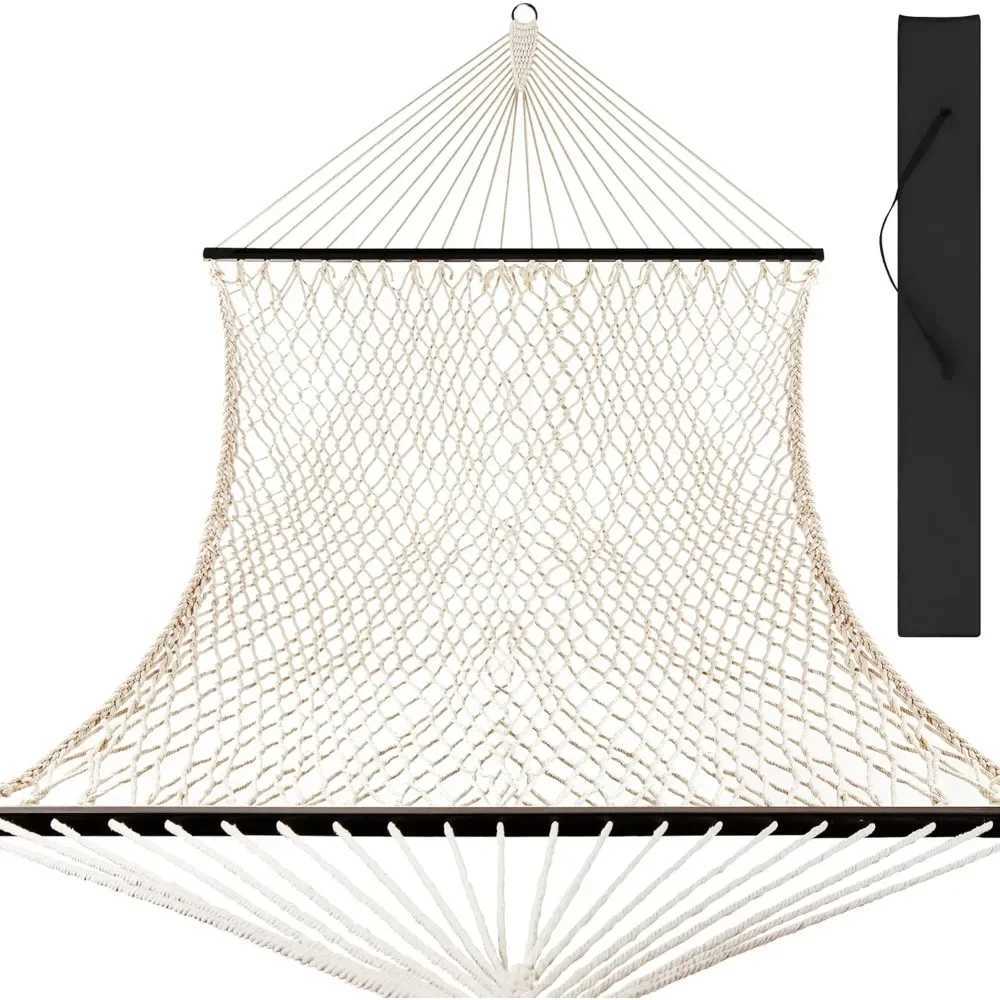 2-Person Double Hammock Outdoor Woven Cotton Rope Hammocks for Backyard Patio w/Spreader Bars X250224